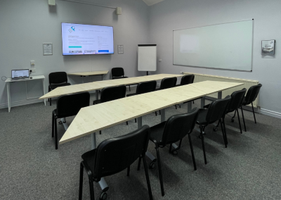 Classroom set up with media screen